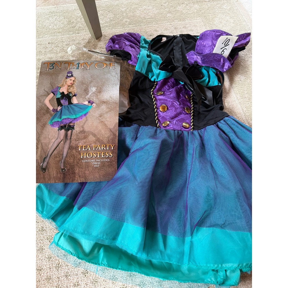 Tea Party Hostess Mad Hatter Costume Dress and Hat Purple Teal Womens Medium